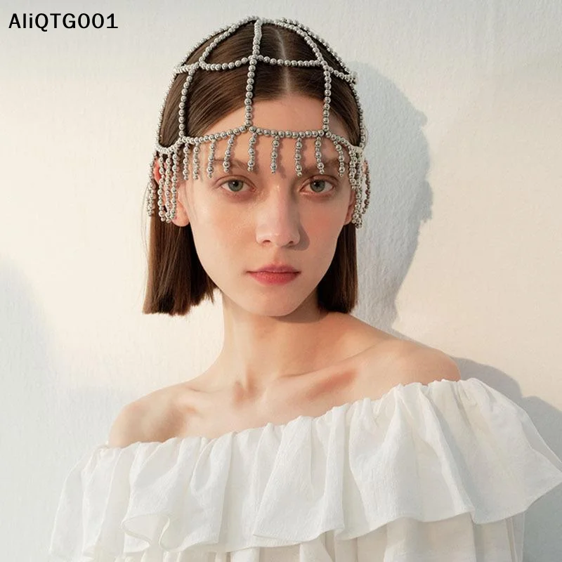 Hand-Made Fashion Mesh Hair Accessory Pearl Bridal Hat Chain Tassel Head Ornament Elegant Hair Jewelry for Women