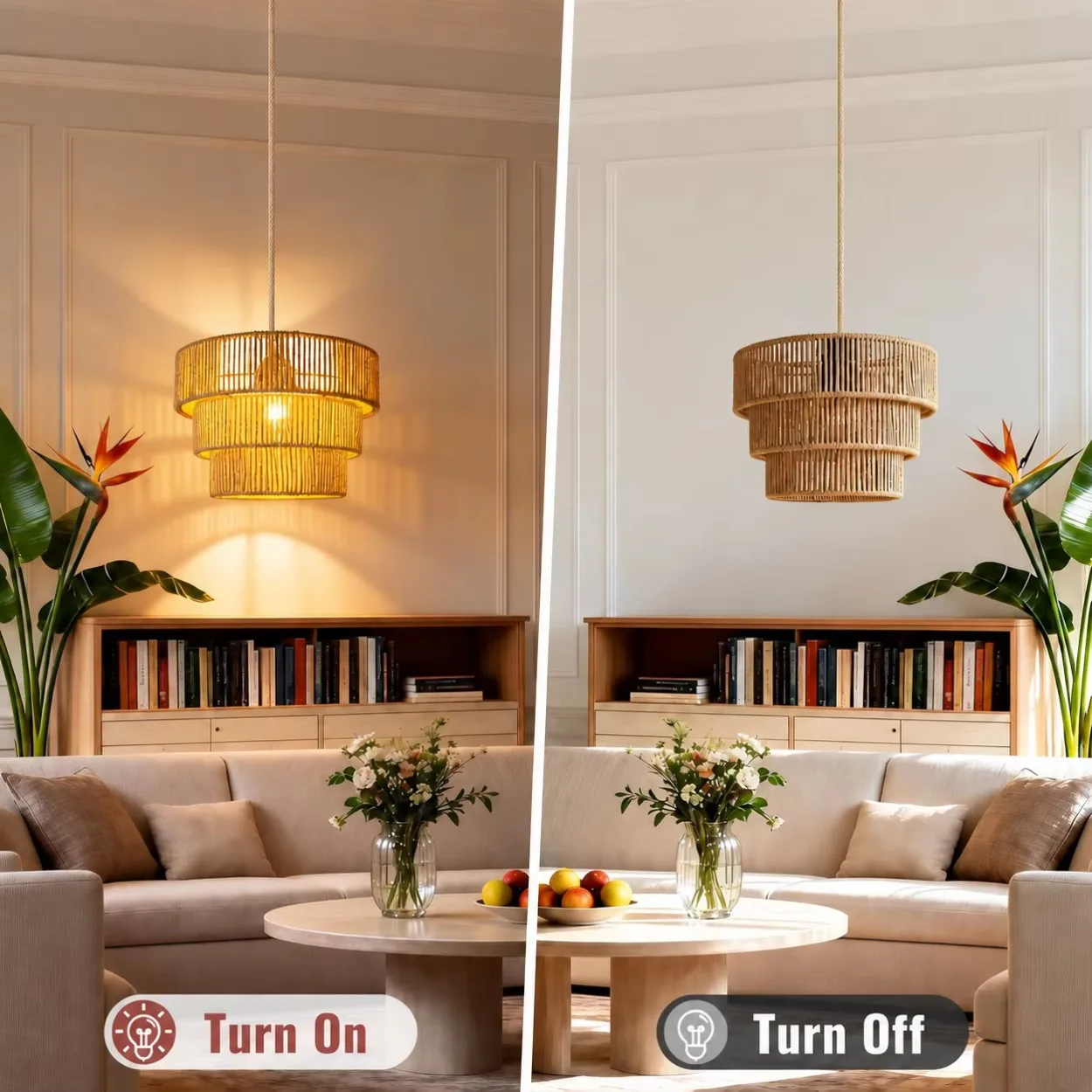 JOYINLED 32CM Rattan Chandelier Pendant Light E27 Plug In Cord Kit, Handmade Wicker Boho Hanging Fixture for Living Room Bedroom