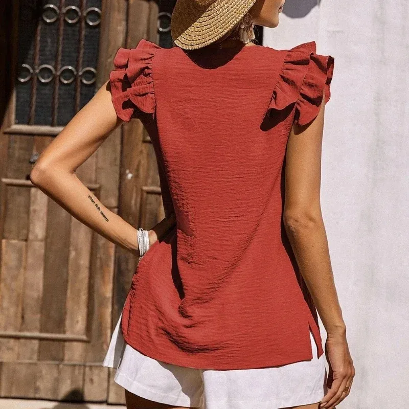 2024 Summer Sleeveless Vest Shirt Womens Tops and Blouses Casual V-neck Ruffle Tank Top Fashion Long Sleeve Clothes Blusas 24961