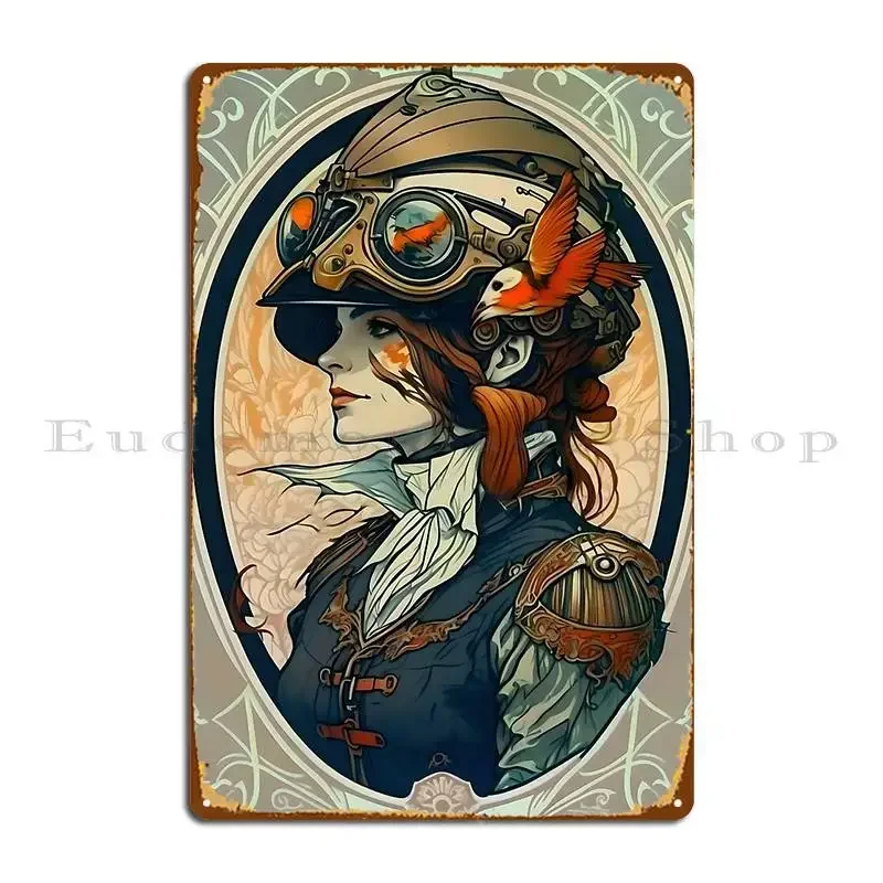 Victorian Female Pilot With Cardinal Helmet And Goggles Metal Sign Painting Club Club Bar Print Pub Mural Tin Sign Poster