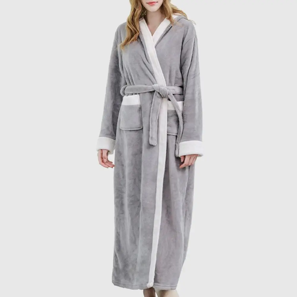 

Women's Winter Pajamas Thick Flannel Warm Lace Adjustable Belt Color Block Hood Pocket Women's Home Spa Hotel Bathrobe