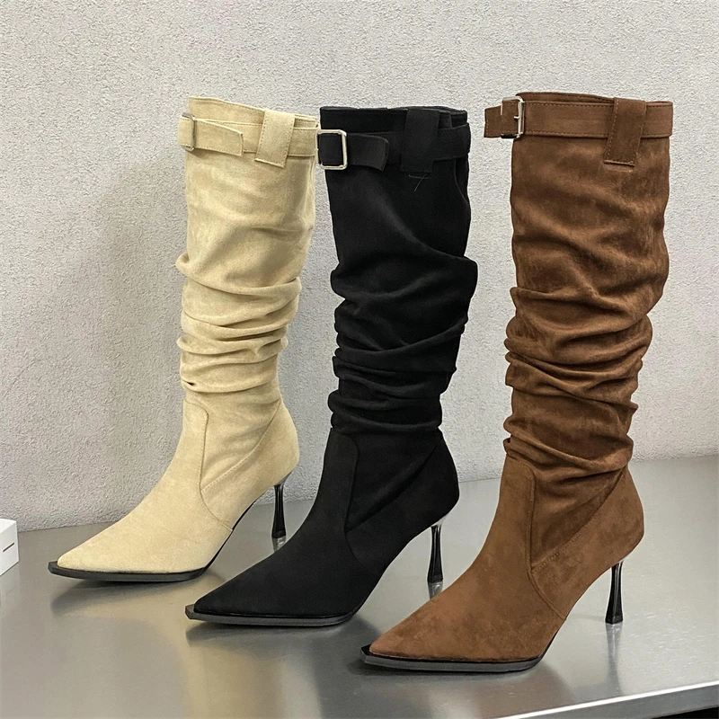 

Aneikeh/женские плиссированные сапоги до колена в стиле панк с пряжкой и ремешком, осенне-зимние вечерние модельные туфли на тонком высоком каблуке с острым носком