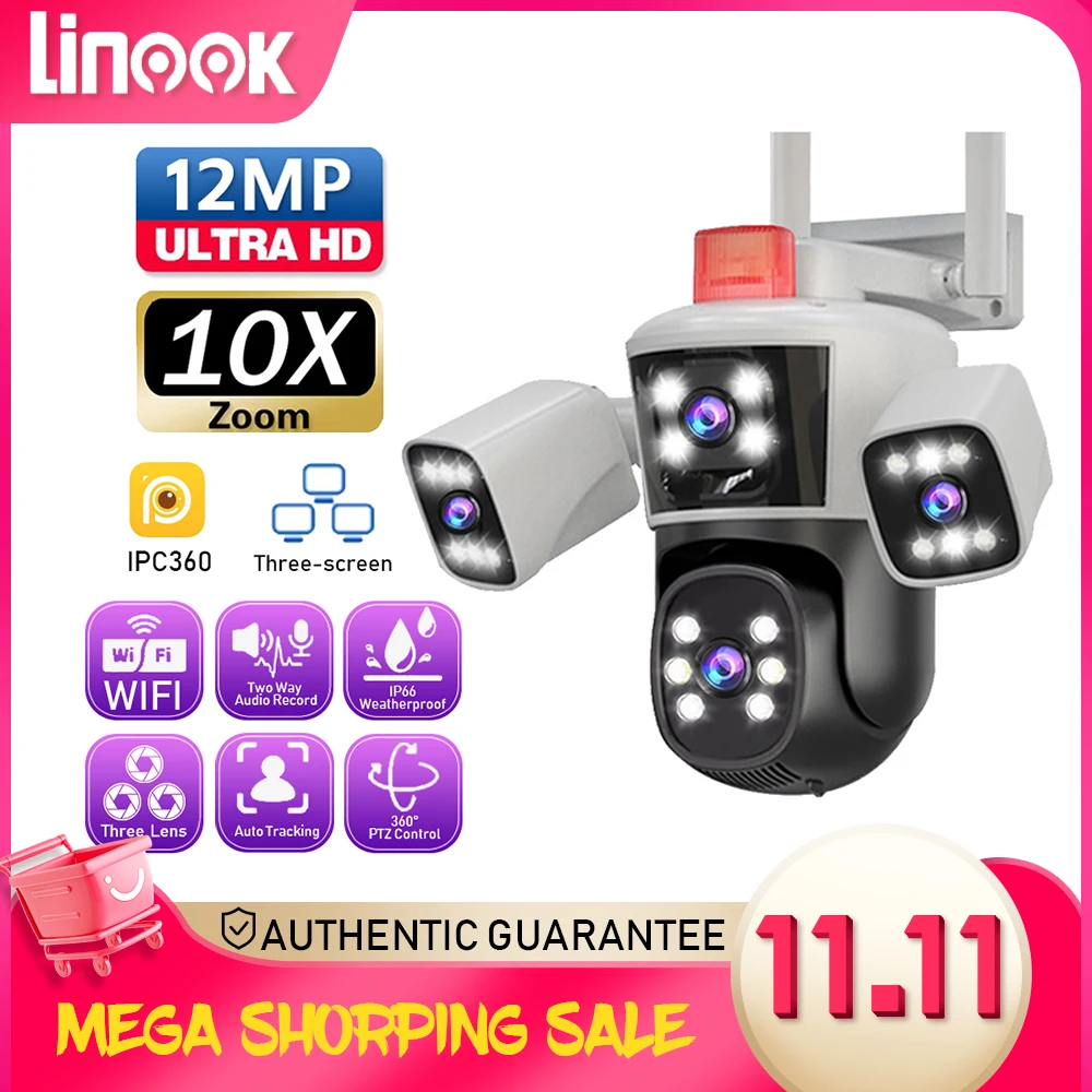 Linook WiFi surveillance camera 12MP 6K 3 lenses CCTV outdoor WiFi camera IP camera PTZ security protection