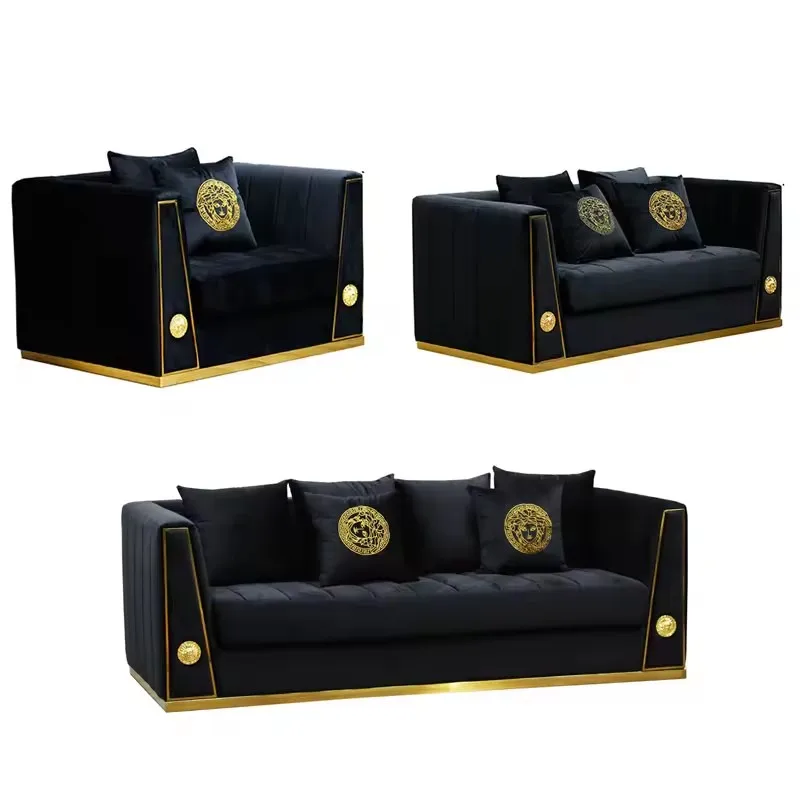 

Italian luxury velvet fabric combination 1 2 3 seat sofa set Modern set Living room furniture Black and gold