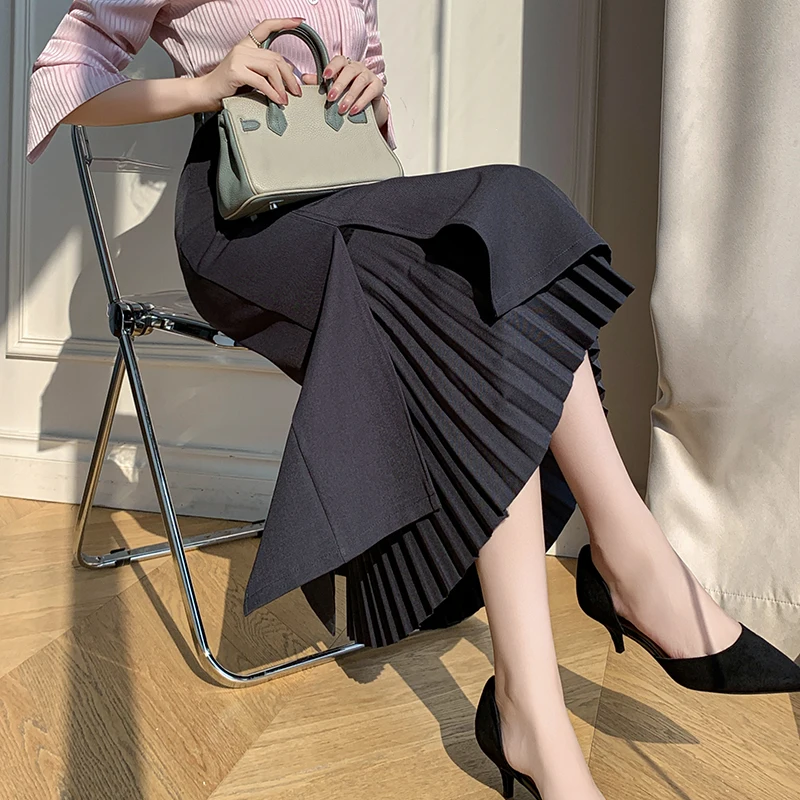 

Seoulish High Waist Autumn Pleated Women's Wrap Skirts 2025 New Front Split Korean Casual Office Lady A-line Skirts Female