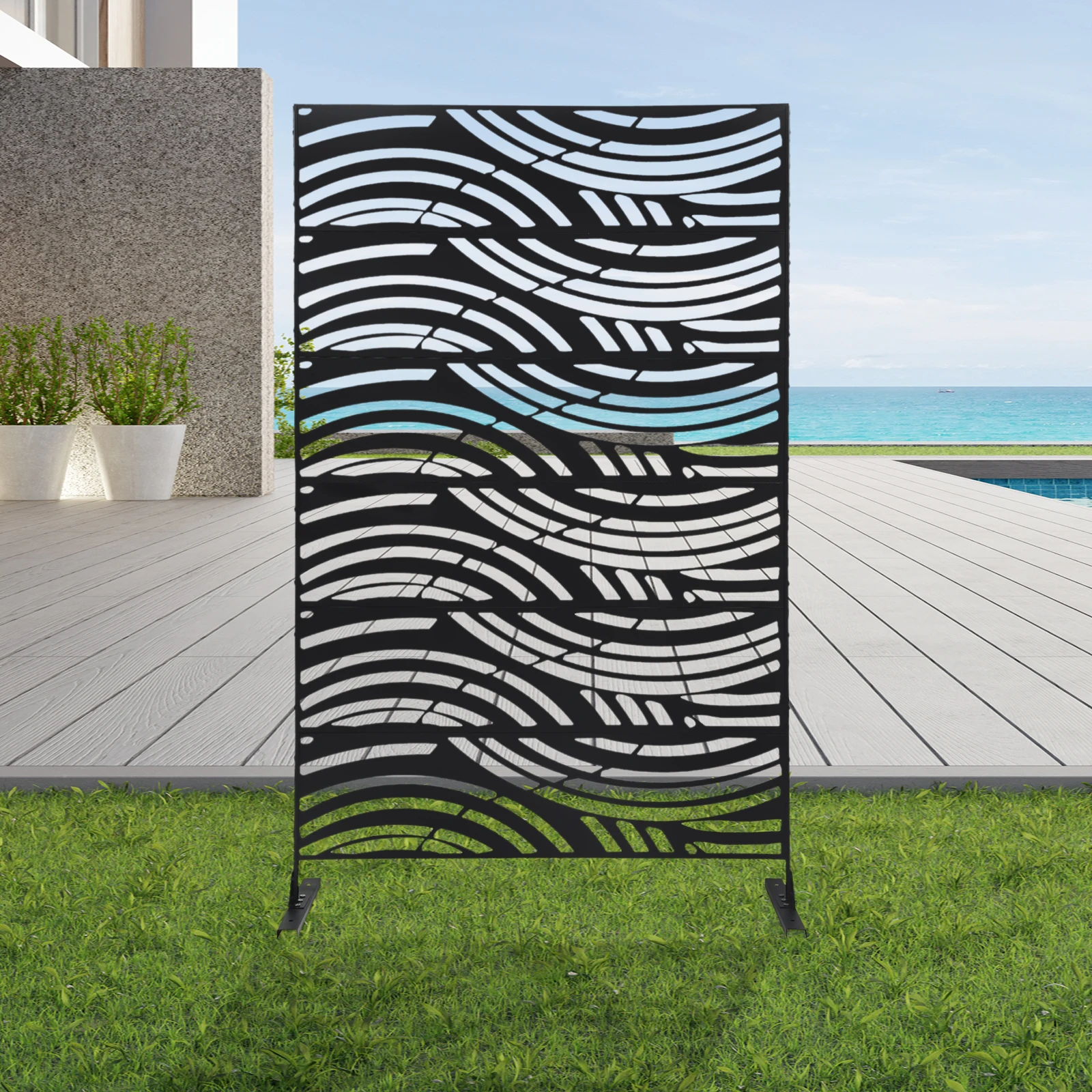Privacy Panel, Decorative Privacy Screen, Patio Privacy Screen 6 Panel Black 112x50x181cm Metal Wave Fence Weatherproof for Garden Balcony