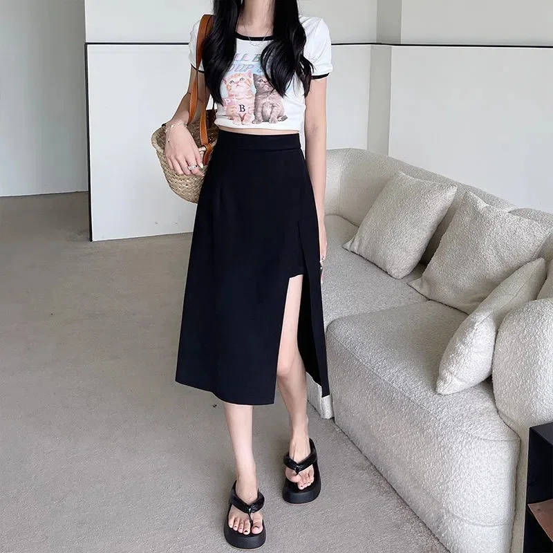 Women Black Midi Skirts Summer New Designed Korean Style Leisure Streetwear Soft Trendy Aesthetic Daily Outwear Irregular 2024