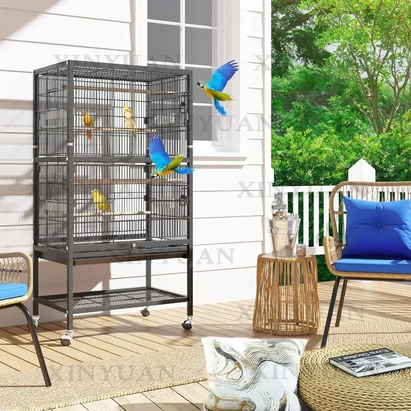 Bird Cage – Black Parrot Cage with Base Frame & Universal Casters | Strong Durable Design + Bird Accessories