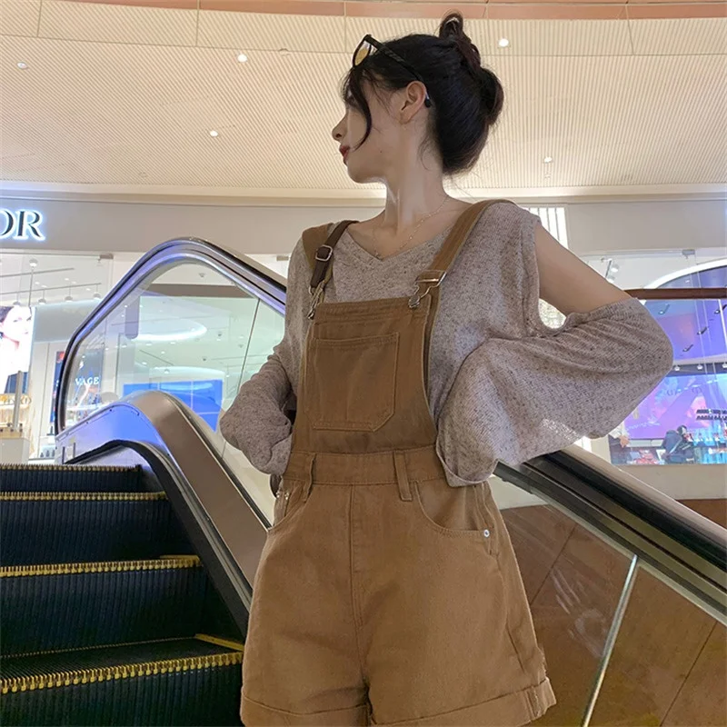 

Ele Design Denim Overalls Women's Summer ort Pants Slimming High Waist Blue Jeans Faionable And Sweet Sle