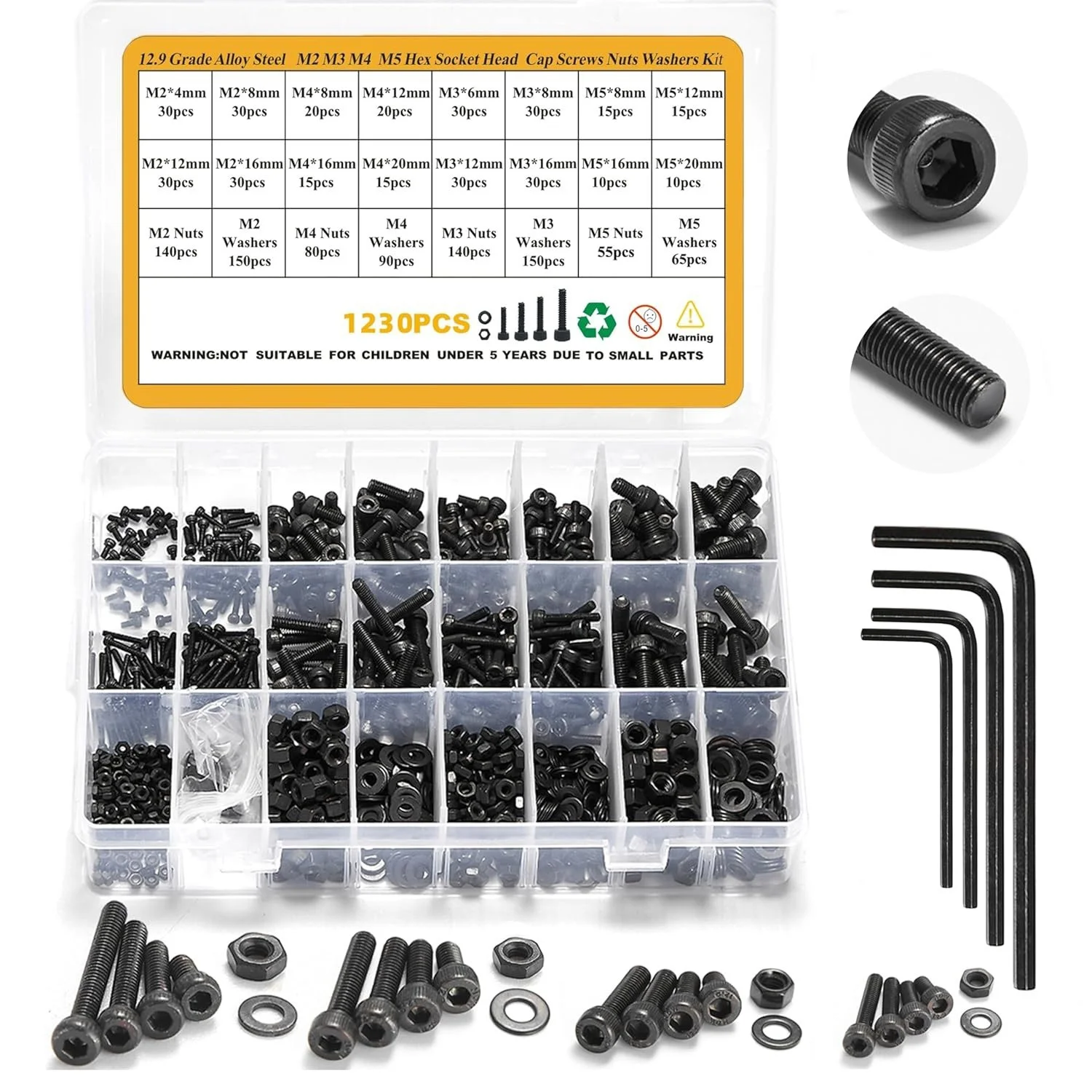 1760pcs M2 M3 M4 M5 Hex Socket Screw Set Carbon Steel Flat Round Cap Head Screws Bolts and Nuts Assortment Kit with Storage Box