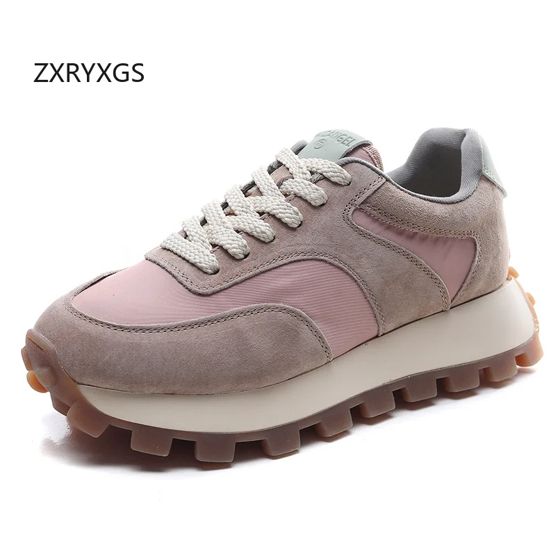ZXRYXGS 2025 Cow Suede + Oxford Cloth Splicing Spell Colors Women Trendy Shoes Casual Sneakers Women Platform Elevator Sneakers