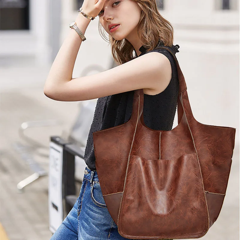 New Tote Bags For Women Soft PU Leather Handbag Simple Vintage Pure Color Handle Bag Large Capacity Portable Single Shoulder Bag