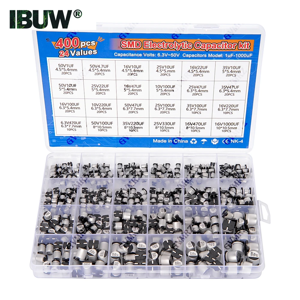 400 قطعة 24 قيمة SMD مُكثَّف كهربائيًا عدة 1 فائق التوهج-1000 فائق التوهج 6.3 فولت-50 فولت لمشاريع الإلكترونيات