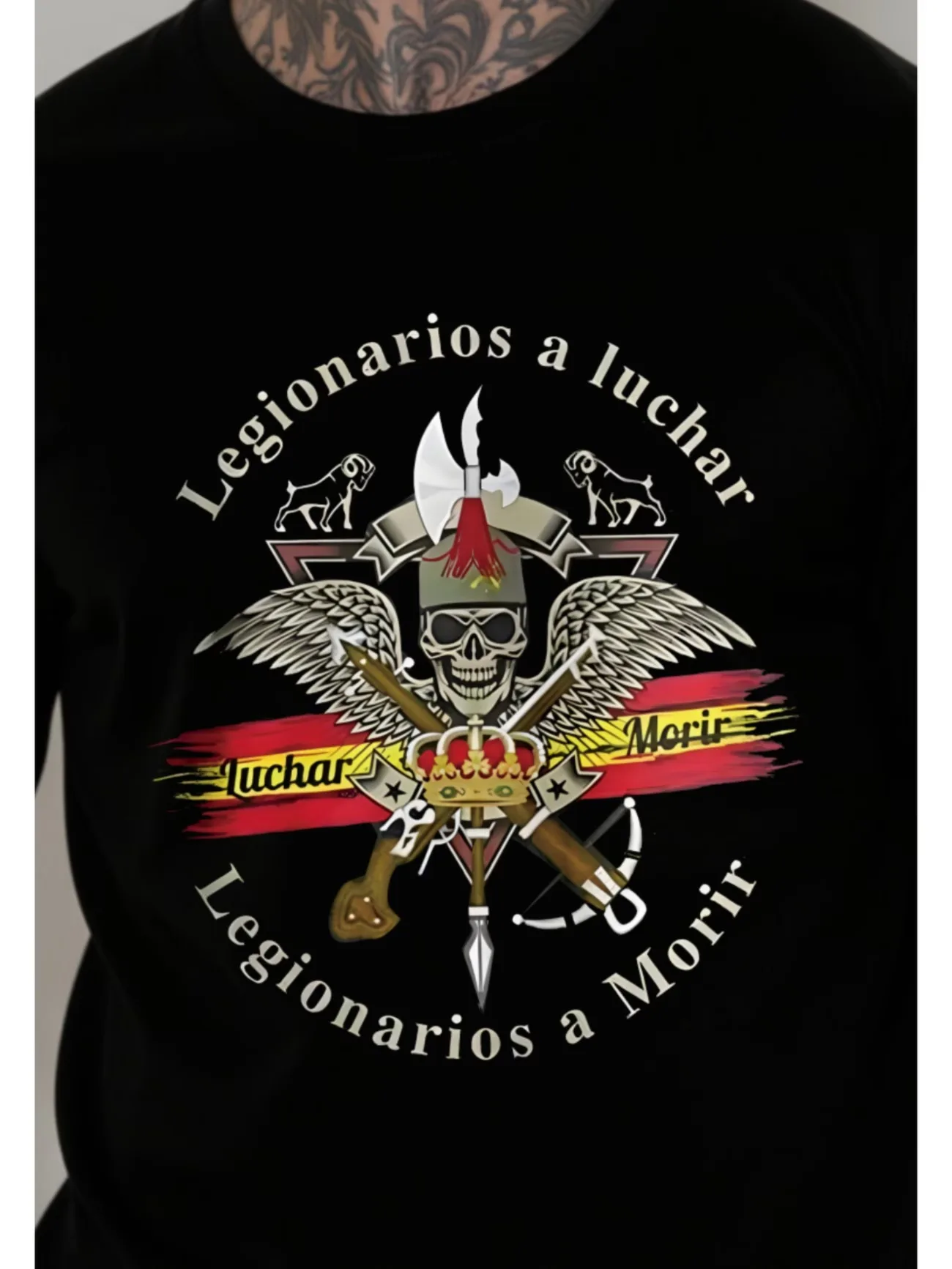 Men'S Short Sleeve T-Shirt Adorned with Legion To Death Skull Wings Crown and Sword Designs Classic Fit Casual Unisex Style Tee