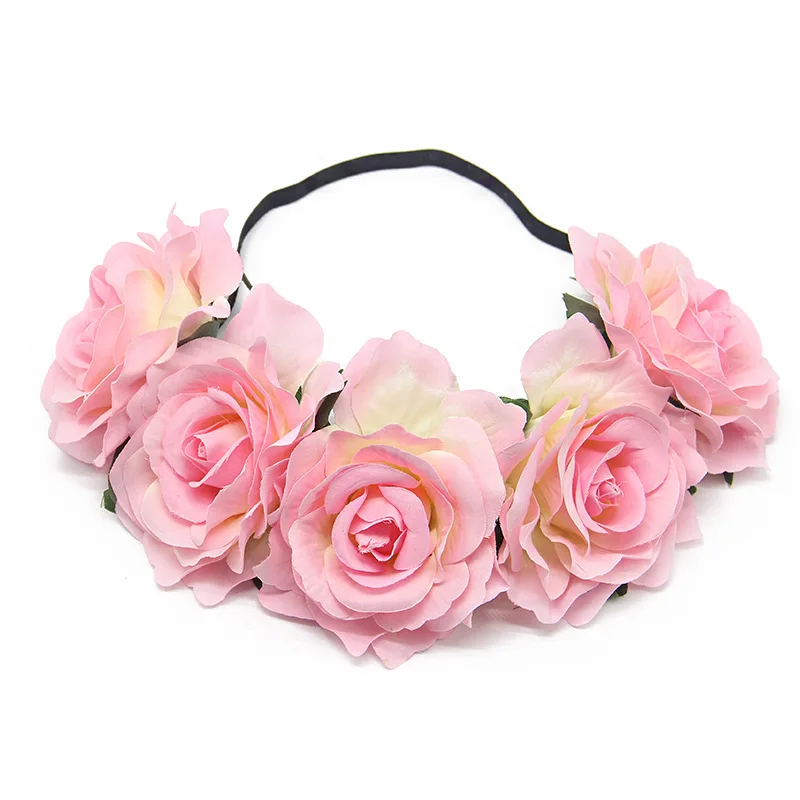 opaska kwiaty na wesele big rose flowers crown for women queen wedding bridal wreath girls garland elastic black purple red hair