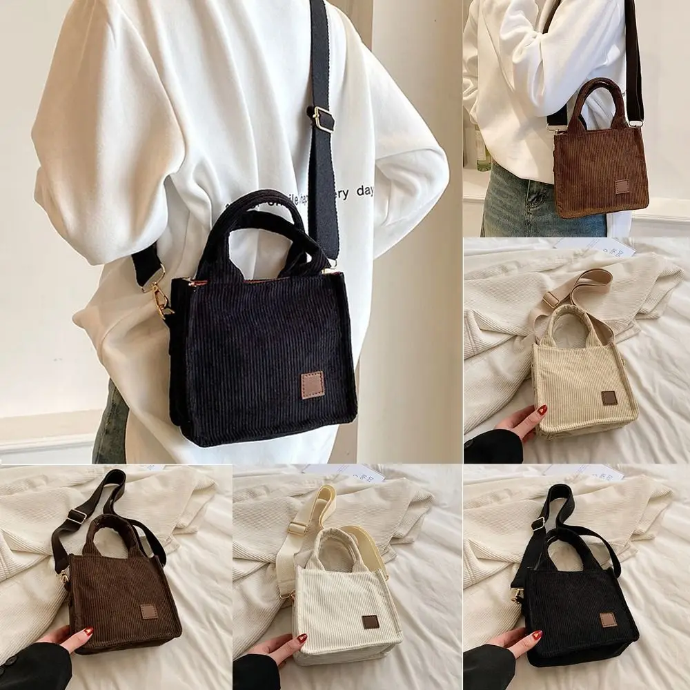 

Fashionable Corduroy Handheld Shoulder Bag Striped Velvet Solid Color Bucket Bag Vintage Tote Crossbody Bag Women Girls