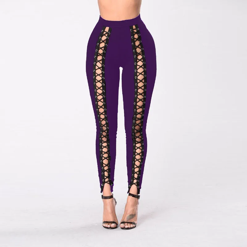 Frauen Schwarz Leggings Sexy Umreifung Strang Leer Seil Slim Fit Außen Tragen Hosen Mit Löcher Vorderes Lila Rot Große Größe vier – Detail 11