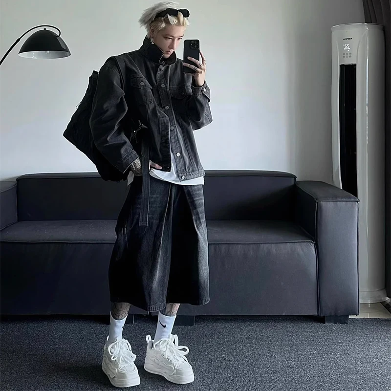 

Bla ort Men's Denim Jaet Waed Autumn Workwear Jaet Trendy Youth Sle American Sle Collar Long Sve Pure Color