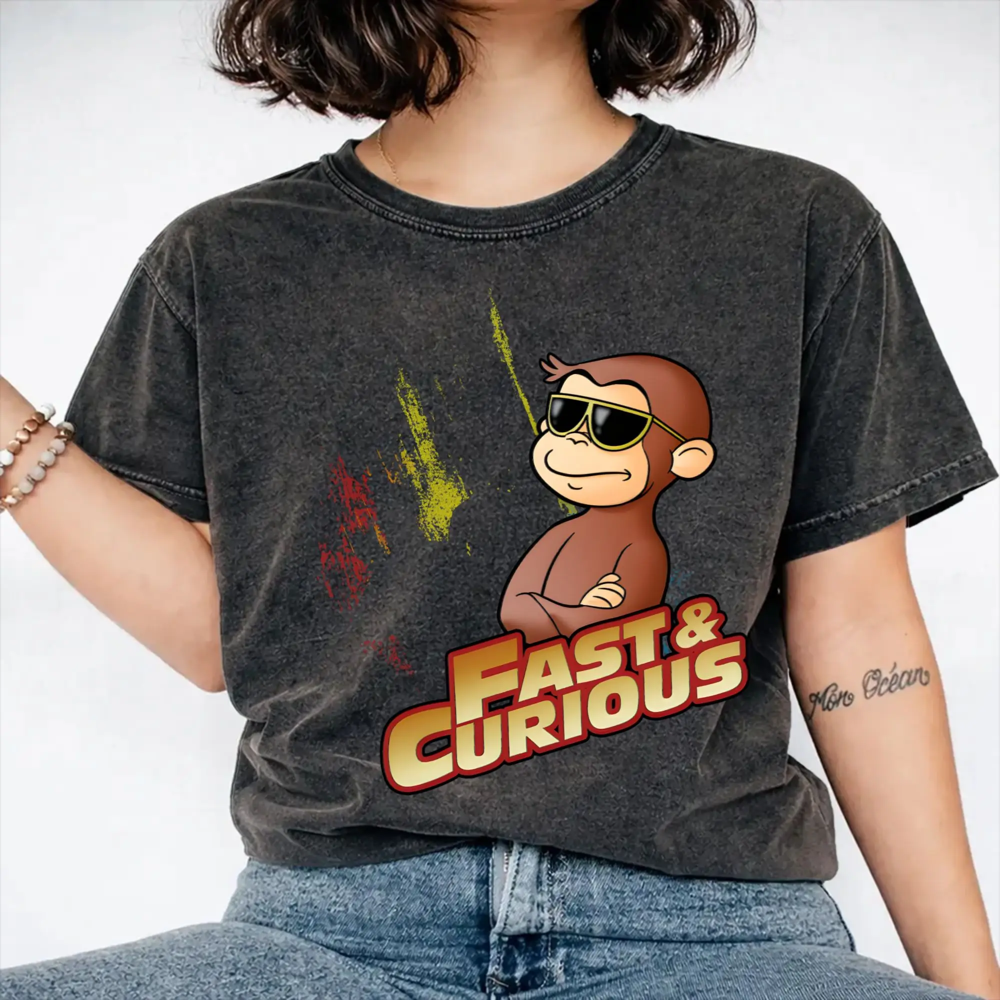 Fast and Curious Curious George T Shirts Hip Hop Washed Short Sleeve Oversize T-Shirt  Fashion Men Women Streetwear Summer Tees