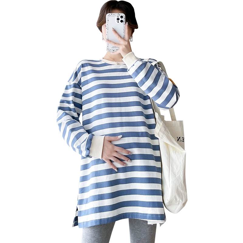 Pregnant Women Long Sleeve O-neck Striped T-shirt Plus Size Striped Mothers Maternity Clothing Loose Oversized Sweatshirt Tops