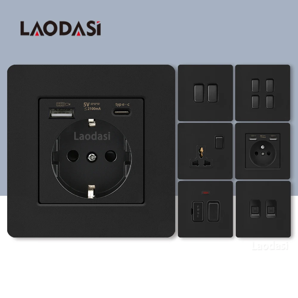 

Laodasi European Black Retro Stainless Steel Metal Wall Light Switch Panel France Antique Switch socket with USB Type-C charging
