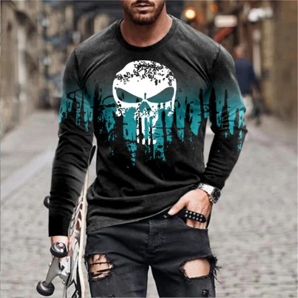 3D Printing Skull Male Long Sleeve T-shirt Round Neck Men\'s Clothing XXS -6XL Large Size Men Clothing High Quality Fibre Top