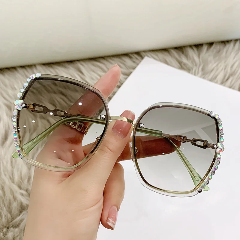 Rhinestone Embellished Frameless Fashion Trend Sunglasses For Women Men Casual Gradient Glasses Summer Beach Party, UV400