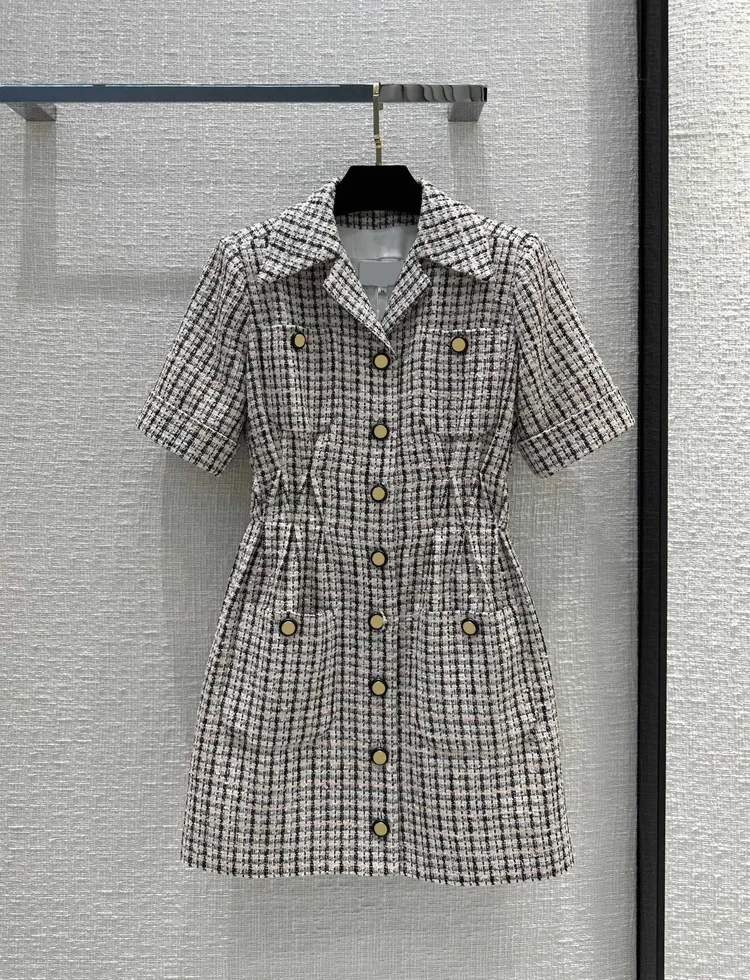 2023 Spring Autumn Chic Women's High Quality Brand New Designer Plaid  Short Sleeves Tweed Dress B681