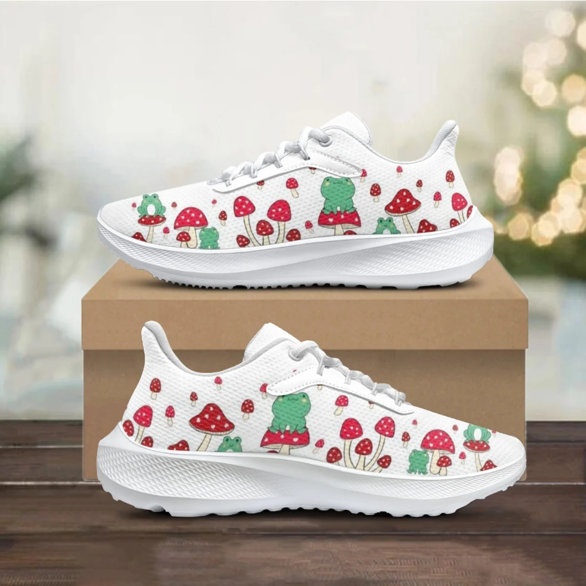 Cute Frog Mushroom Print Ladies Sneakers Wear-resistant Comfortable Lightweight Lace-Up Shoes Girls Teens Non-Slip Walking Shoes