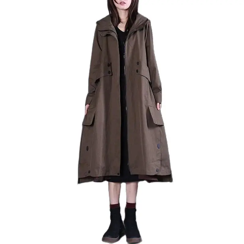 

2022 Spring And Autumn New Lazy Wind Solid Color Hooded Loose Thin Long Windbreaker Trendy British Style Temperament Coat Women