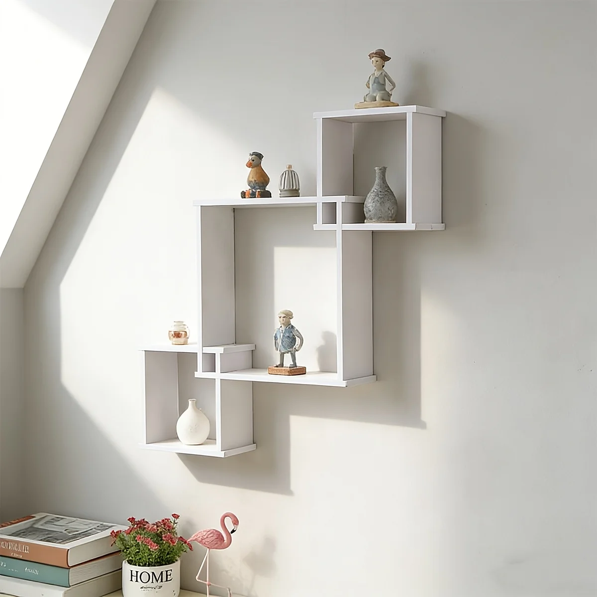 Nordic Ins Style Weißes Geometrisches Intersecting-Wandregal, Bohrerlos/Bohrerlos Montierbare PVC-Schweberegale für Wohnzimmer und Schlafzimmer B