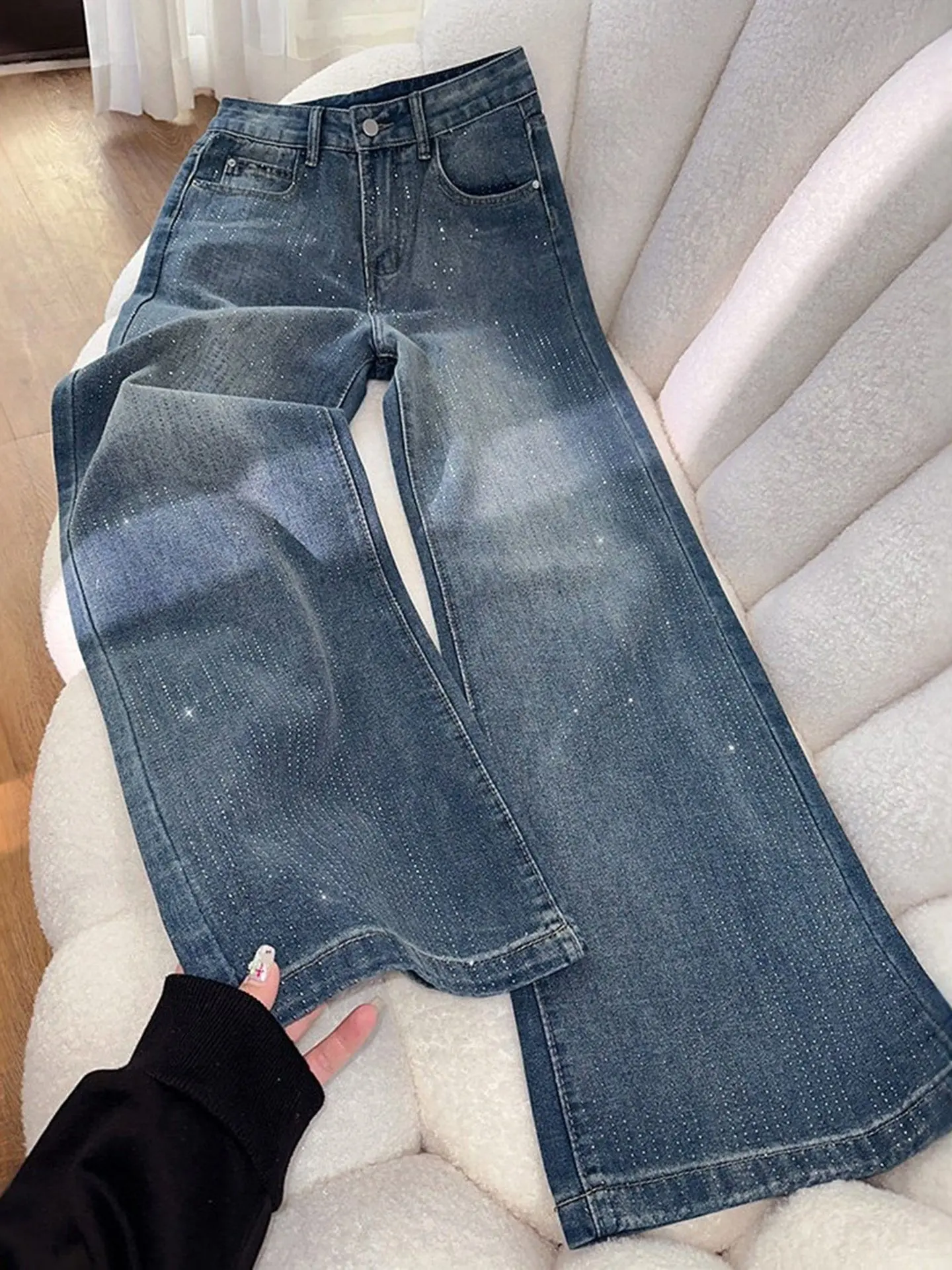 

American Retro Rhinestone Wide Leg Jeans 2026 Women's Spring New High Waist Casual Denim Pants Streetwear Fashion Loose Trousers