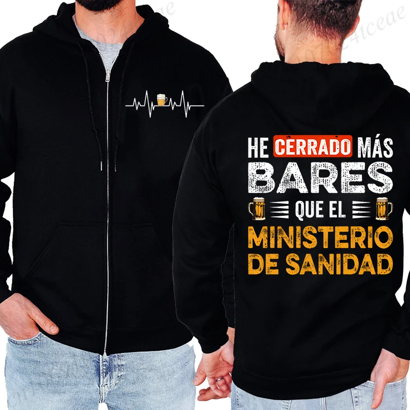 Popular Fun Cerveza Letter Print Hooded Hoodies Zip Up Men's Sweatshirts He Cerrado Más Bares Casual Hoodies Beer Party Jackets