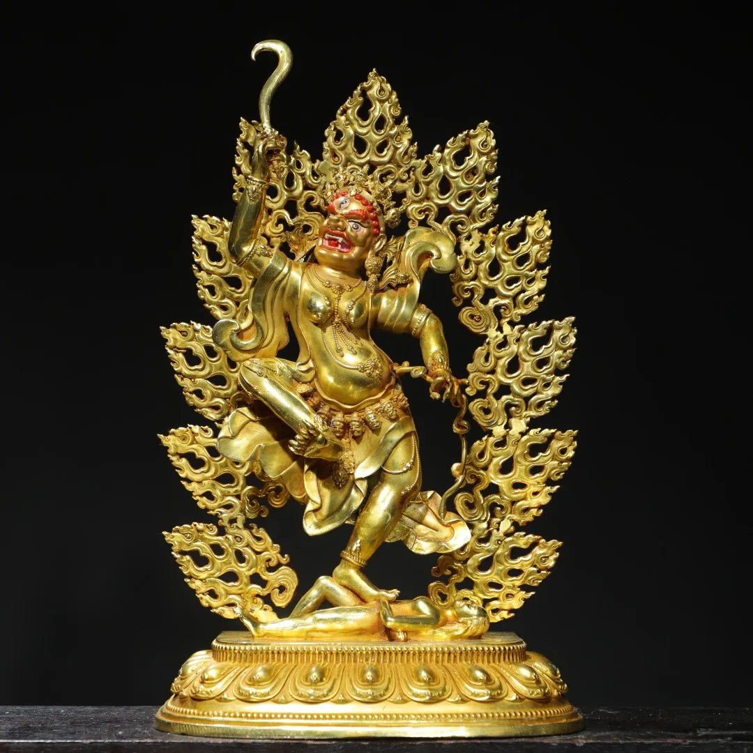 

16"Tibetan Temple Collection Old Bronze Gilded Painted Face Dance Diamond Buddha Backlight Lotus Terrace Worship Hall