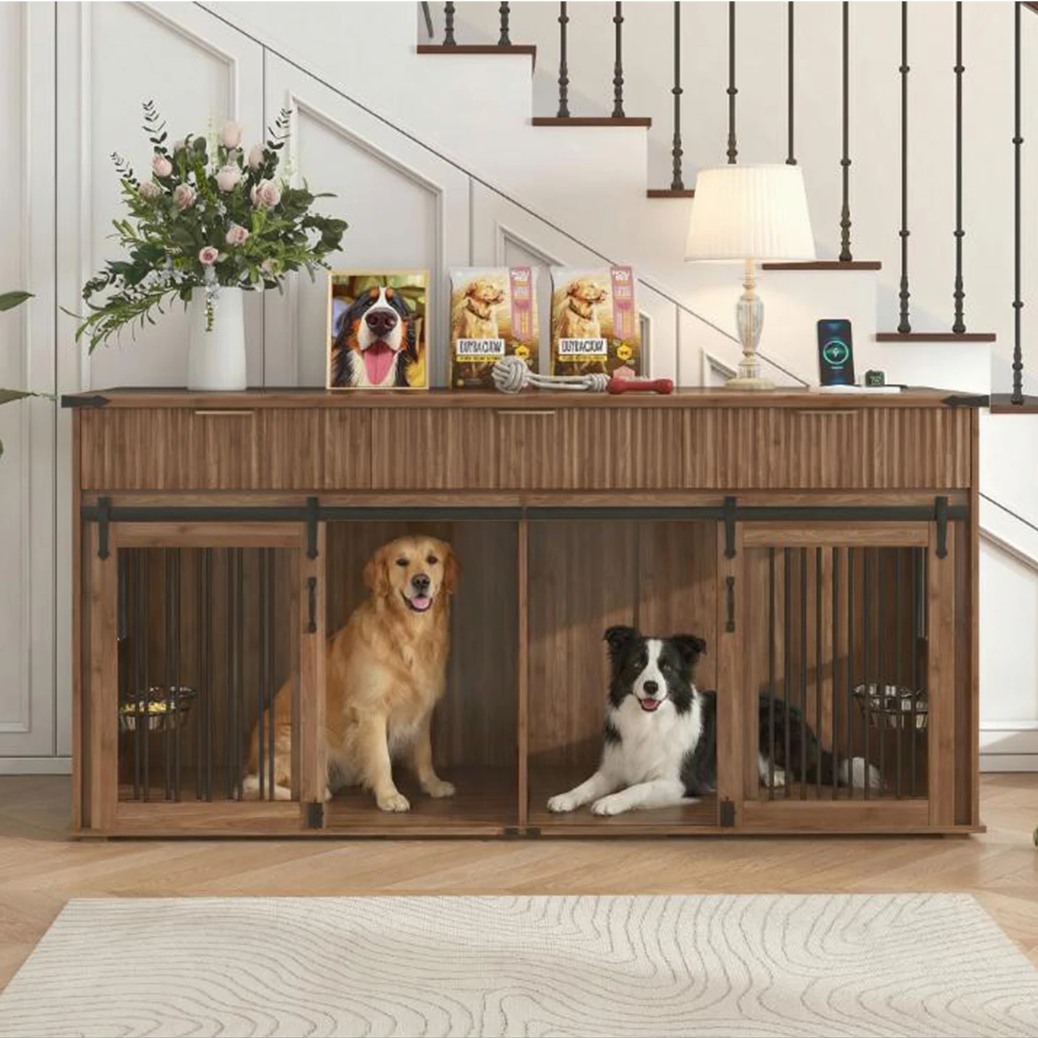 

Vintage Double Dog Box Large Kennel House with 3 Slot Drawers,Walnut Tabletop,Power Socket and Feeder Bowls Pet Dogs Furniture