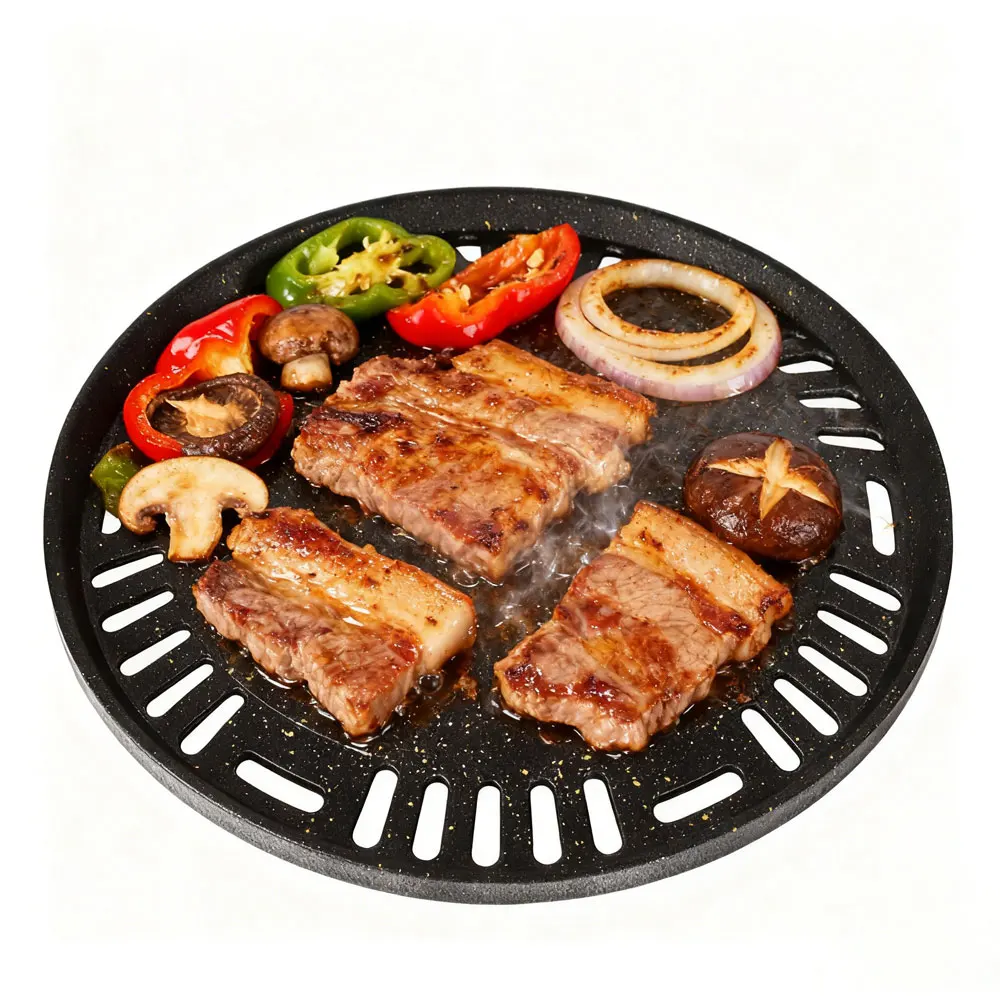 Korean Grill Plate Circular Aluminum Coating Meat Flatbed Triple Flatbed for Camping Board Coal Flatbed Gas and Induction, 295