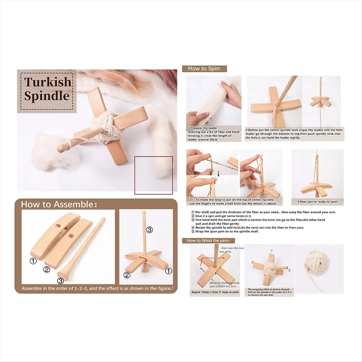 مغزل تركي خشبي جديد قابل للفصل - طقم غزل يدوي مع 50 جرام من الصوف المتجول ومقياس الغزل #3