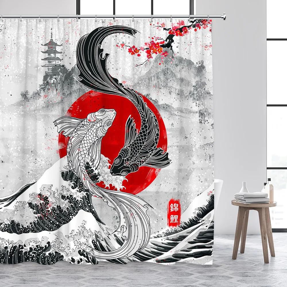 Ink Landscape Shower Curtain Abstract Mountain Water Red Floral Birds Chinese Style Bath Curtains Home Bathroom Decor with Hooks