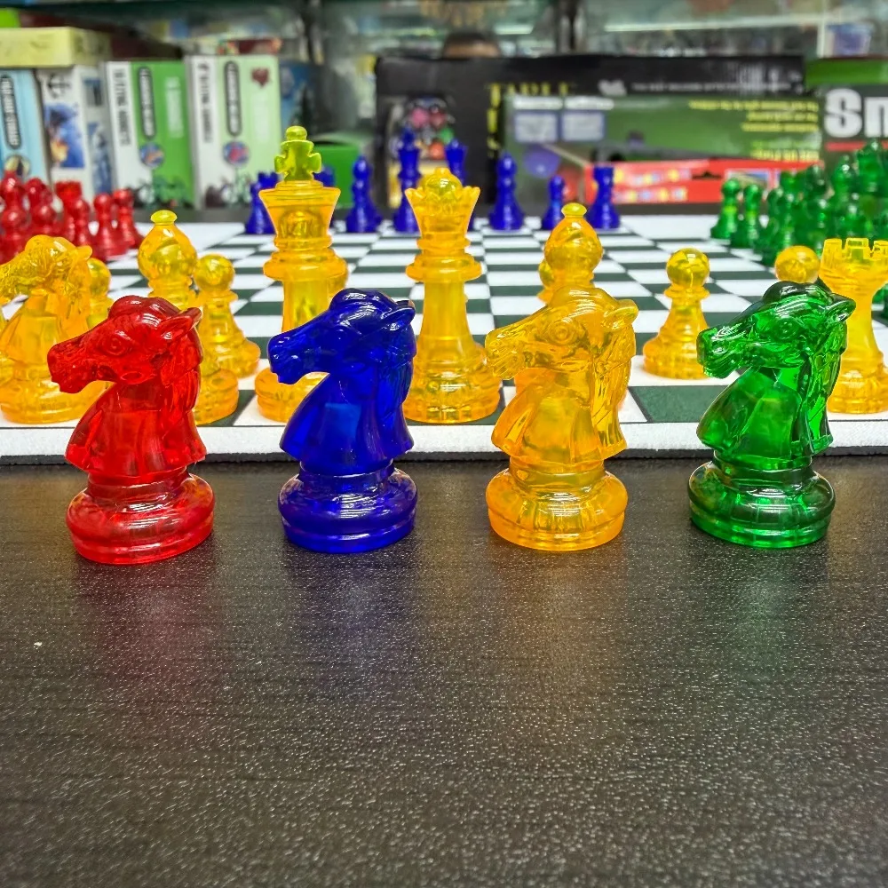 4 Players Chess , Translucent Pieces, 1 pc 35cm/13.78in Chess mat 64pcs Colorful Chess（4 different color 16 PCS per color） view 6