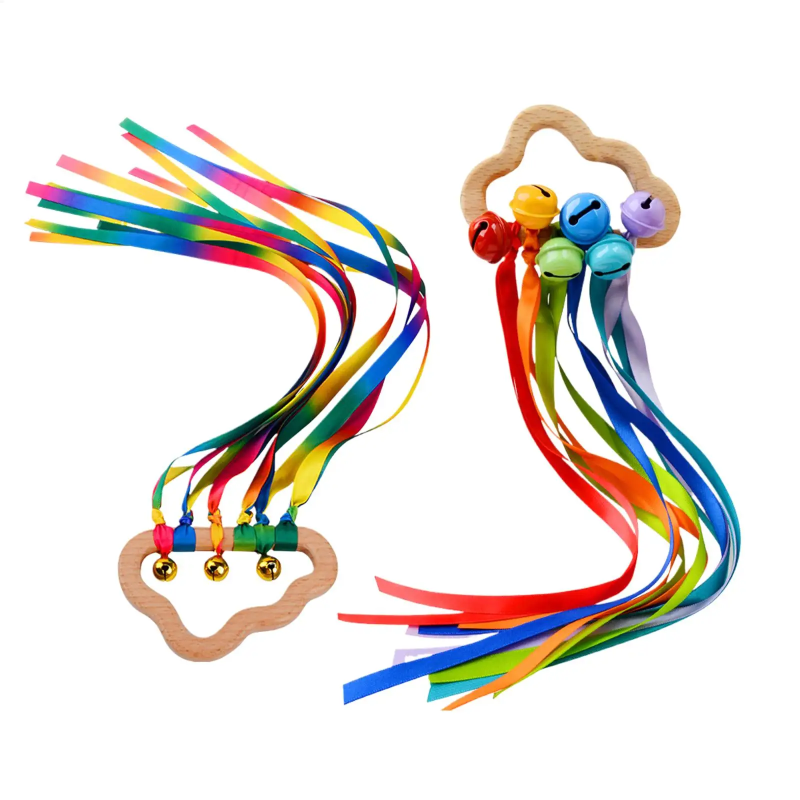 Kid Rattle Toys Rainbow Wooden Gentle Easy Grip Teething Ring Sensory Ribbon Toy for Children Boys Girls Home Indoor Outdoor