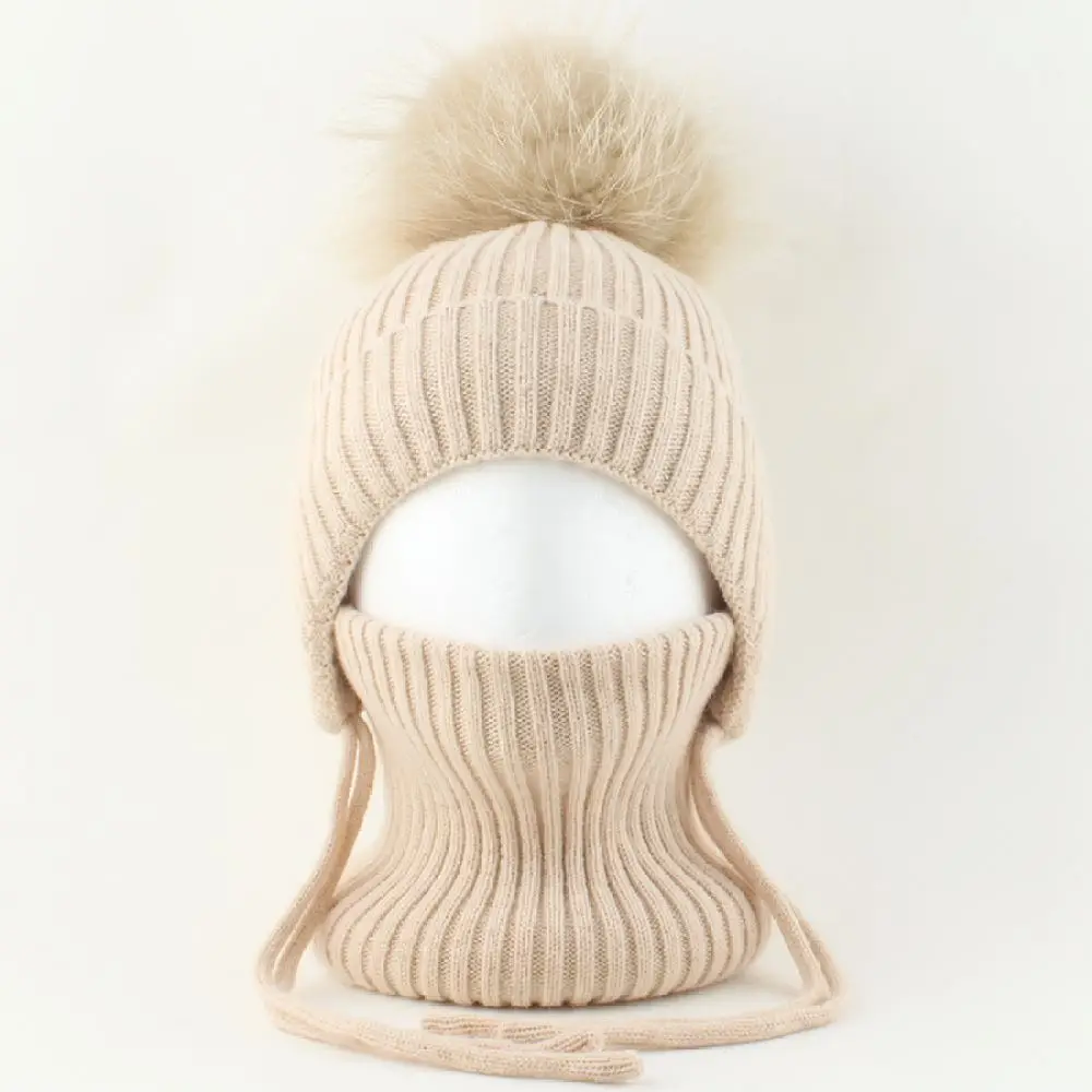 Winter Kids Thickened Knitted Hat Scarf Set Real Fur Ball Thermal Fleece Lined Soft Stretchy Ear Protection Cap For DANCHAOFAN