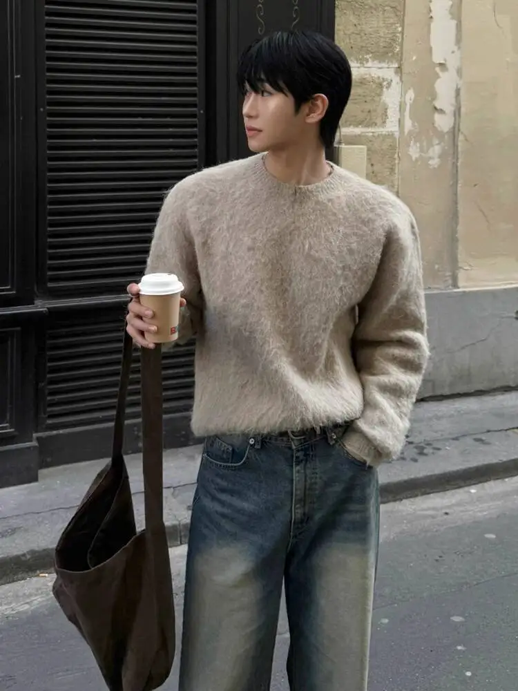 SYUHGFA nouveaux hommes Mohair chandails col rond couleur unie décontracté tricoté vêtements amples coréen pull mâle hauts 2025 hiver