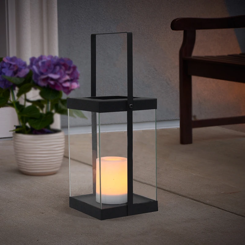 Competitive Price Modern Glass Metal Lantern With Solar LED Candle Outdoor Decorative Black Metal Candle Lanterns