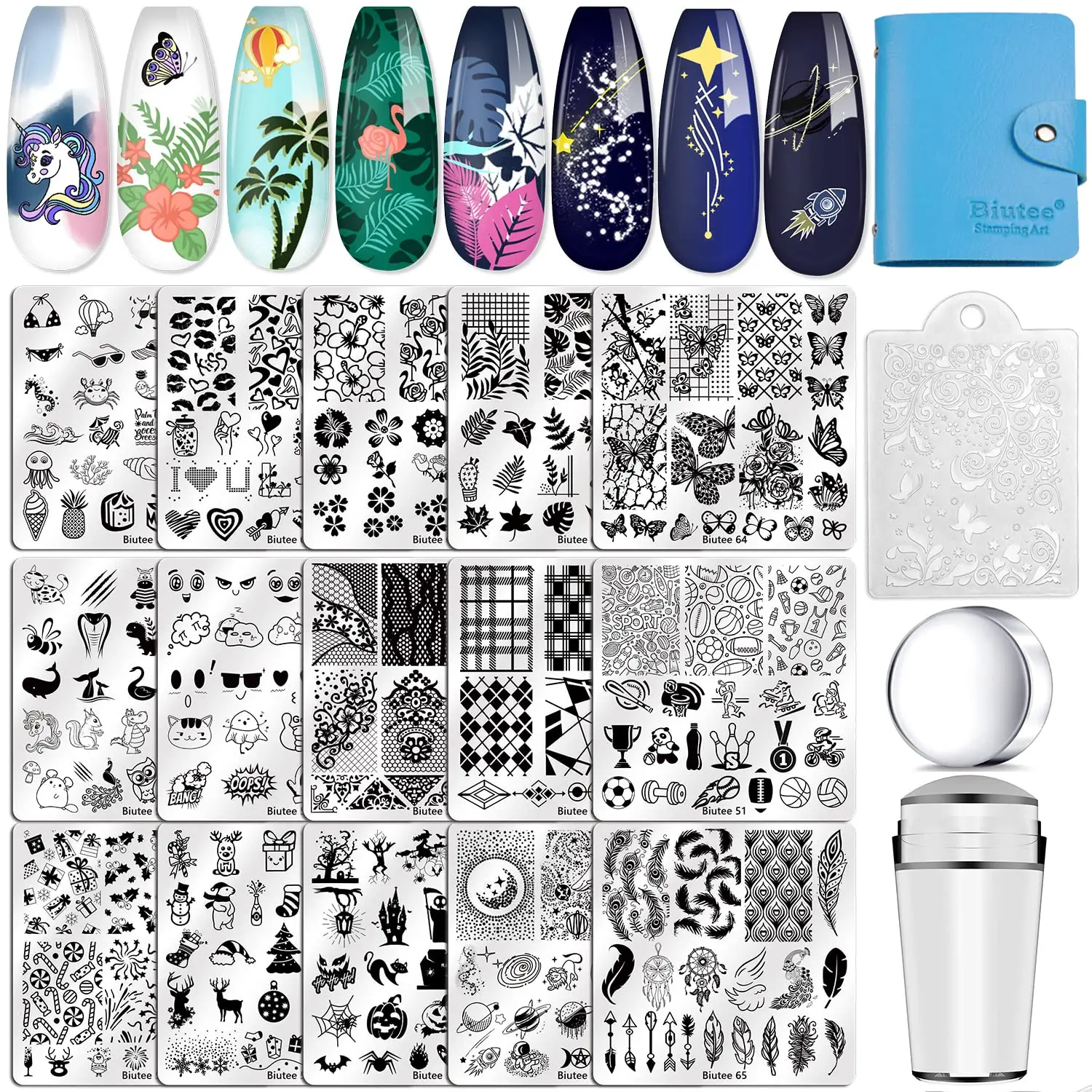 

Biutee Nail Stamping Plates 15 pcs Animal Patterns Leaves Whirlpool Image Stainless Steel Nail Art Template Stamper Scraper