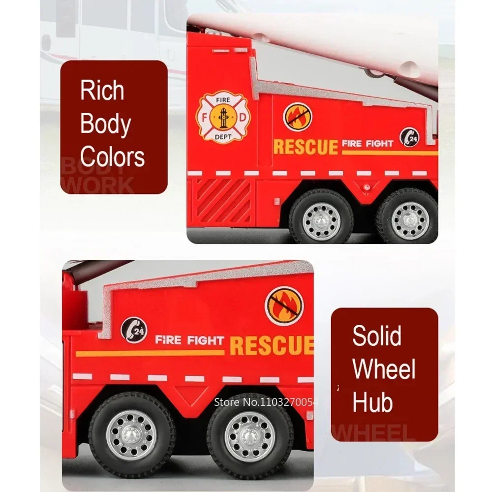 Camión de bomberos con aspersor 1:32, coche de juguete de aleación, modelo fundido a presión, sonido, luz, puertas extraíbles, vehículo de ingeniería abierto, regalo de Festival para niño