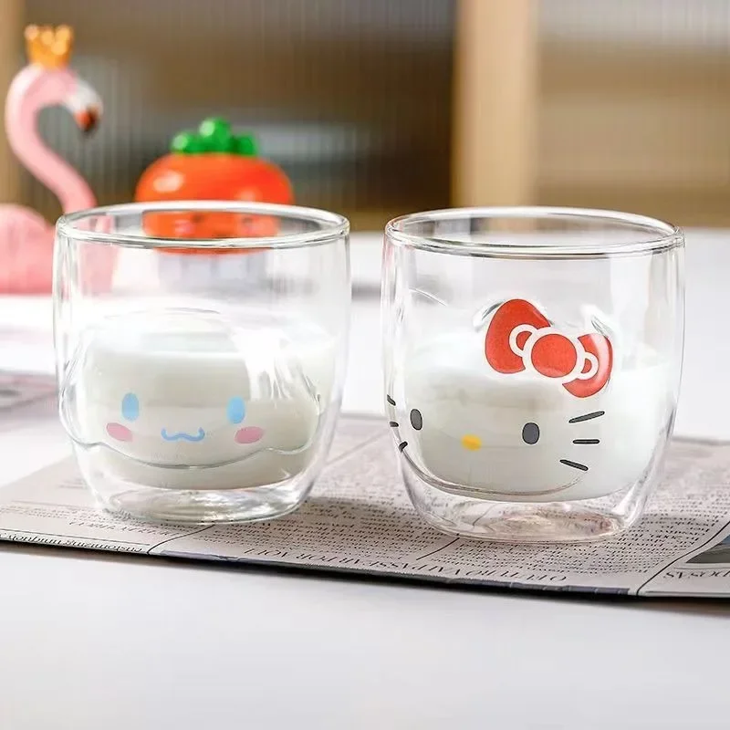 

Sanrio Hello Kitty Kuromi Glass Cup Double Layer Kawaii Milk Cup Ins High Beauty Beverage Cup Girl Christmas Present for Girls