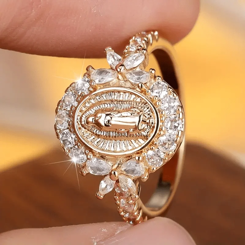 خاتم مريم العذراء الأنيق باللون الذهبي مع زركونيا صناعية - مثالي للملابس غير الرسمية والمناسبات الخاصة #4