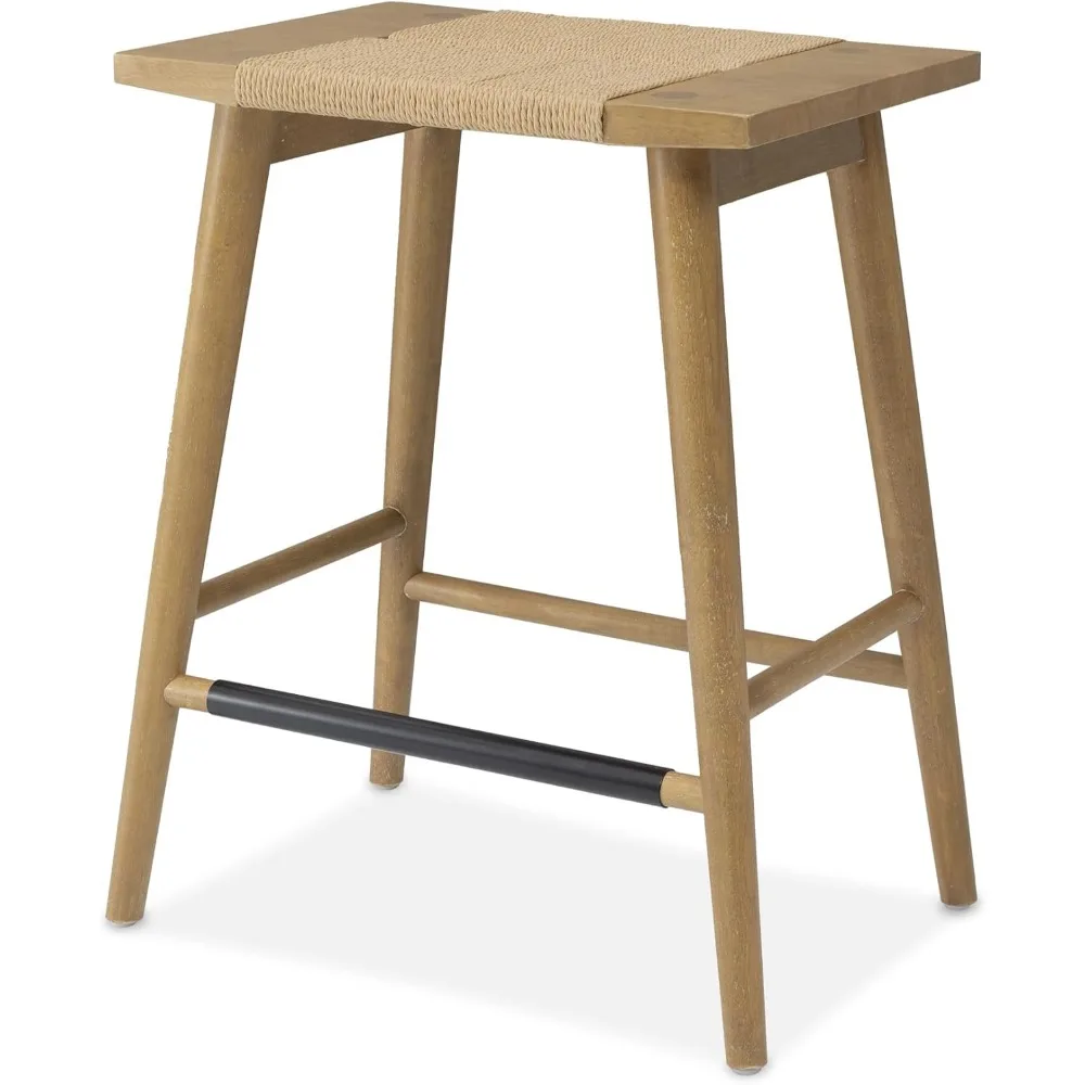 Thor Wicker Counter Height Stool with Hand-Knitted Rope, Backless Island Seat for Kitchen, Solid Wood Construction
