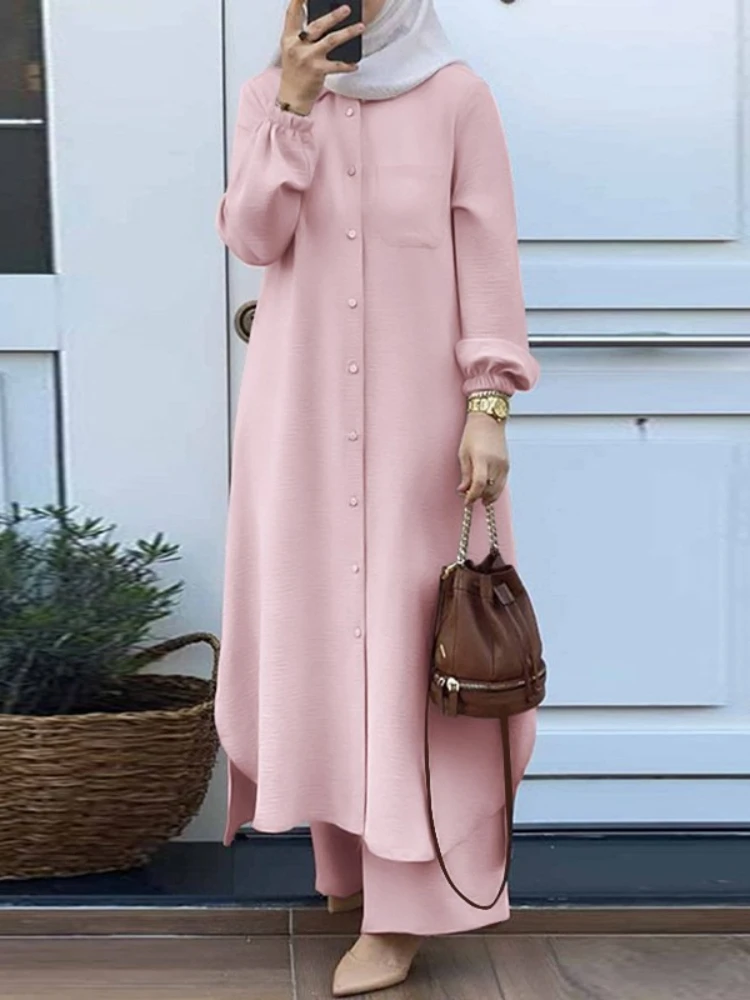 Casual Muslim Dress for Women Blouse 2 Piece Set Long Sleeve Shirt Pant Suits Saudi Arabic Dubai Button Up Dresses Autumn 2023