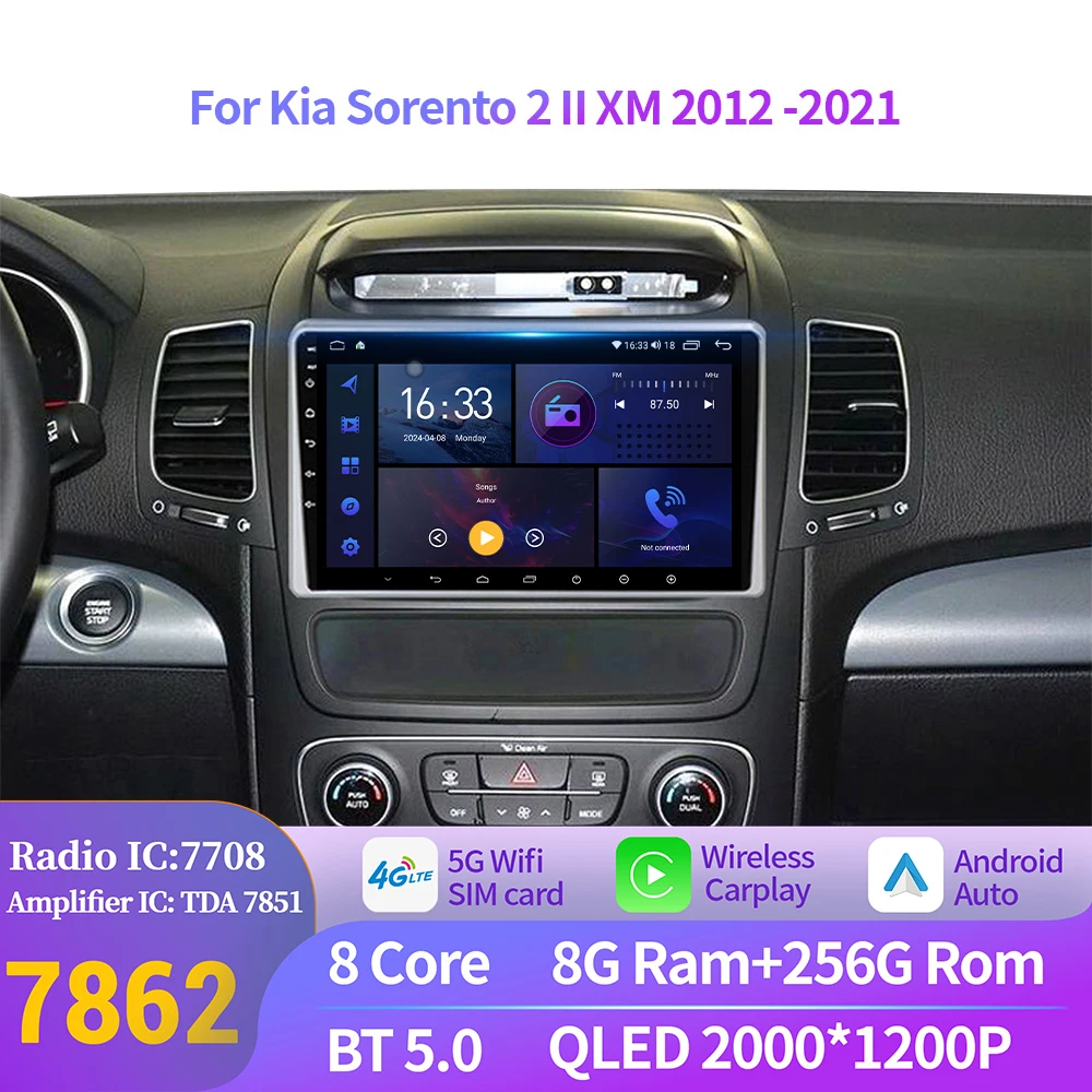For Kia Sorento 2 II XM 2012 2013 2014 2015 2016-2021 Car Radio Wireless CarPlay Android 14 Navigation Multimedia 2K QLED Screen